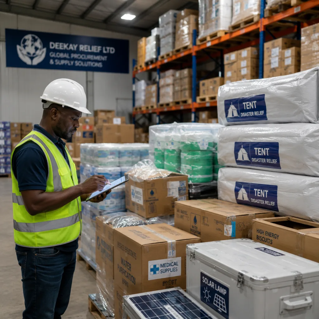 Procurement specialist inspecting humanitarian and development products before international distribution.