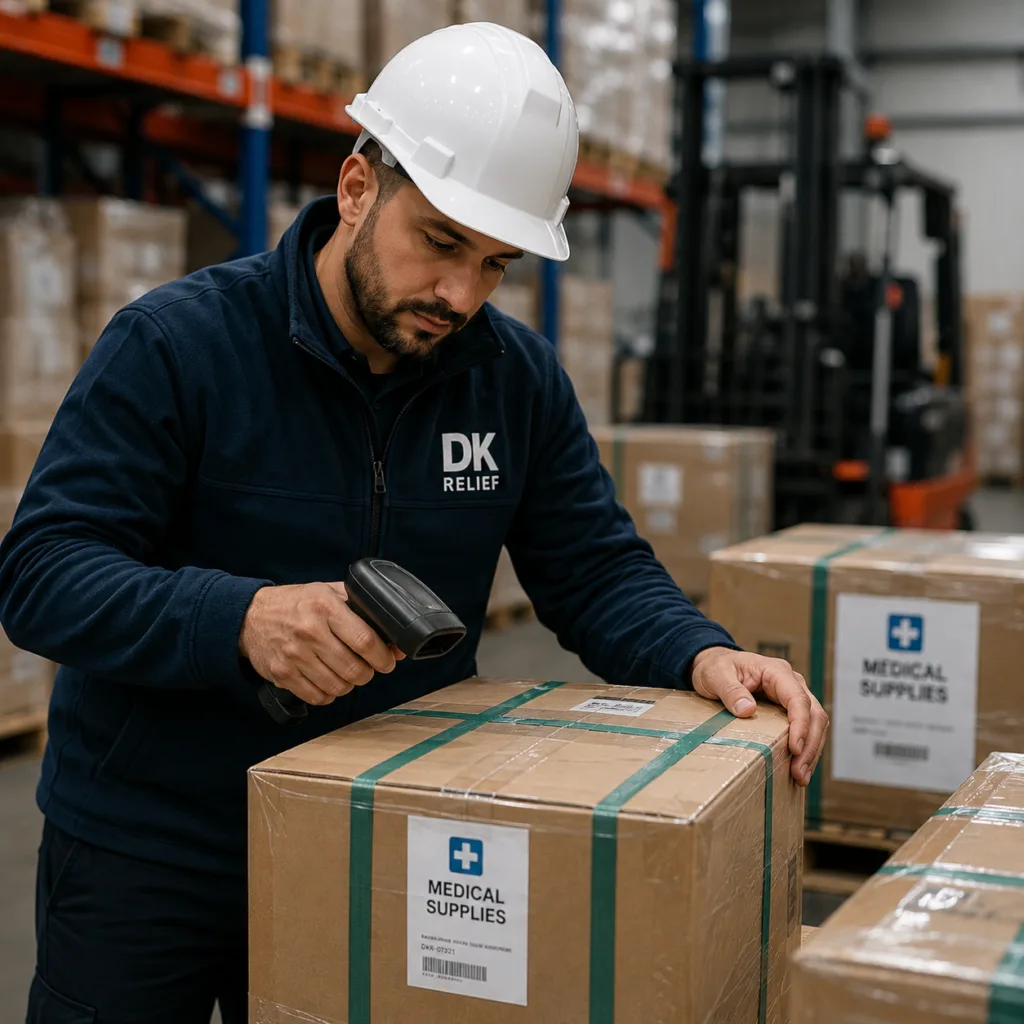 Warehouse specialist verifying humanitarian supplies and inventory for global procurement operations.