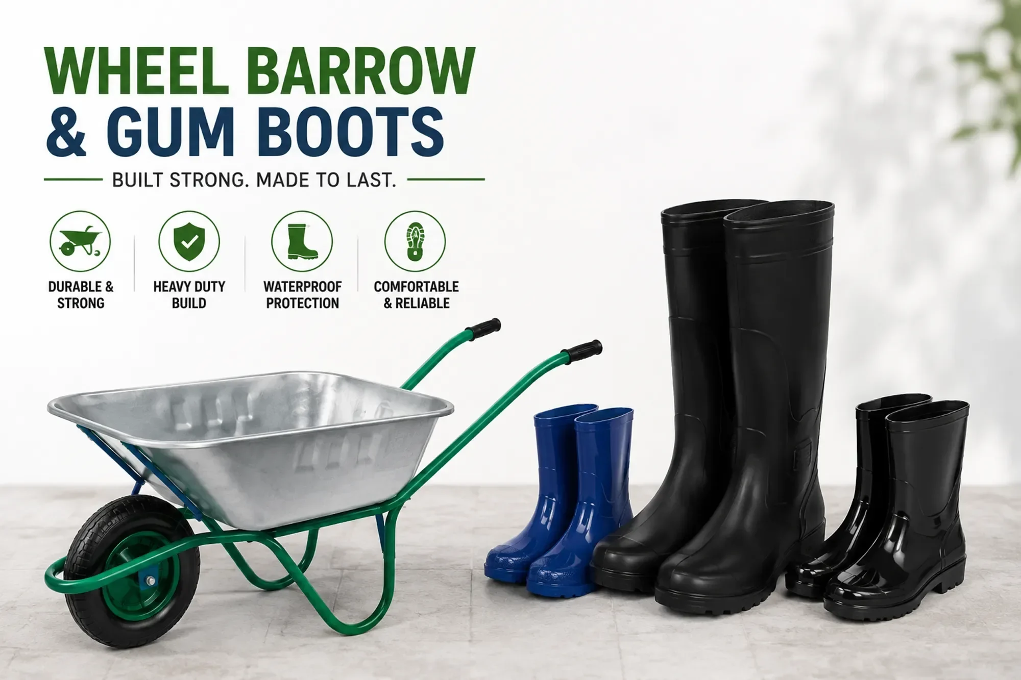 WHEEL BARROW AND GUM BOOTS